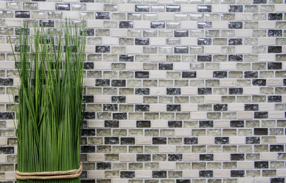 Mosaik Stäbchen Verbund Naturstein Mosaikfliese graugrün beige Brick Glasmosaik Bruchglas Marmor Fliesenspiegel Wand Küche - 87-B1152