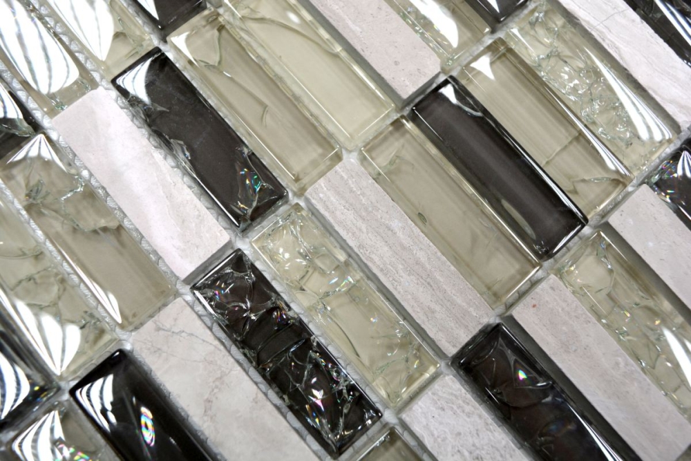 Riemchen Rechteck Mosaikfliesen Glasmosaik graugrün hellgrau Bruchglas Marmor SteinFliesenspiegel Küche Bad - 87-S1252