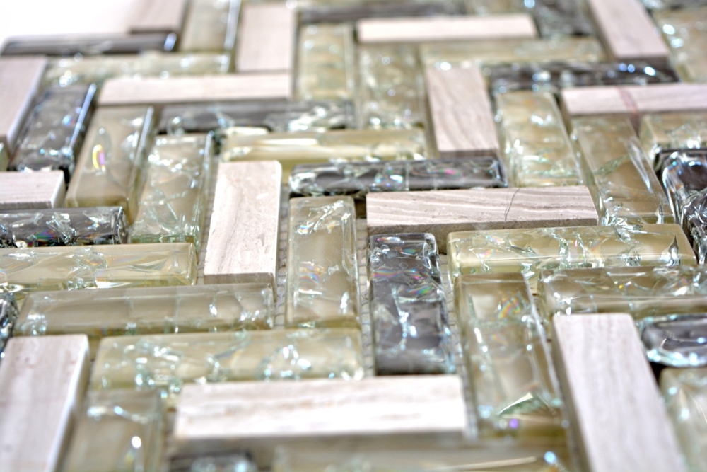 Glas Naturstein Marmor Mosaikfliese graugrün hellgrau klar Fischgrät Bruchglas Küchenrückwand Spritzschutz - 87HB-0552