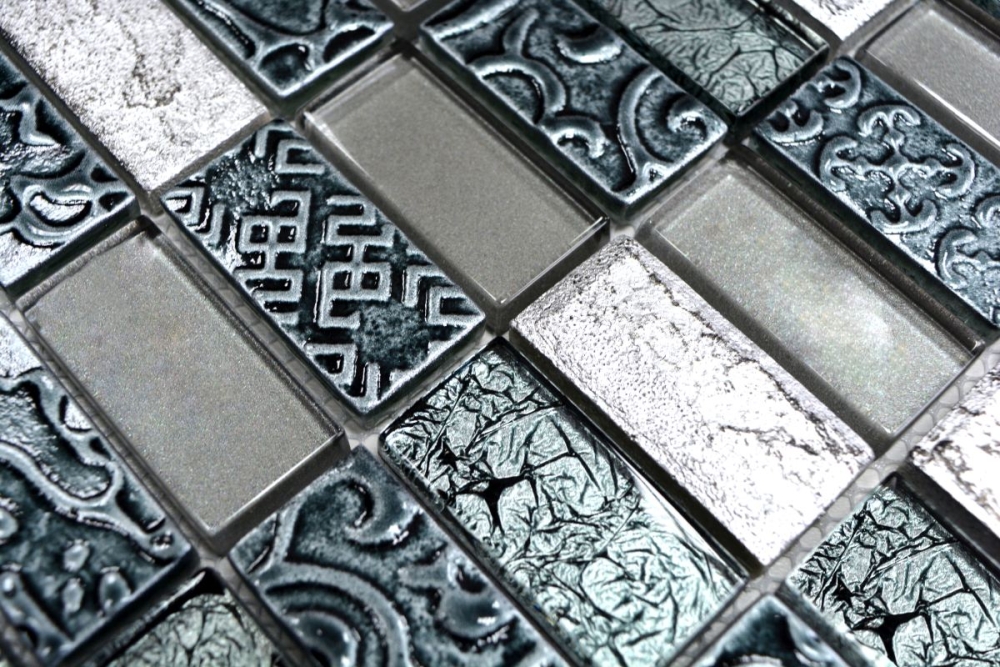 Mosaique Rectangle Mosaique de verre Pierre mix Retro silver Mix translucide aspect croise argent brillant