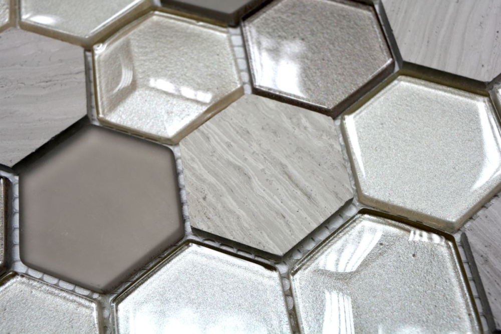 Glasmosaik Naturstein Mosaikfliese Hexagon 3D schlamm grau cream 11D-44