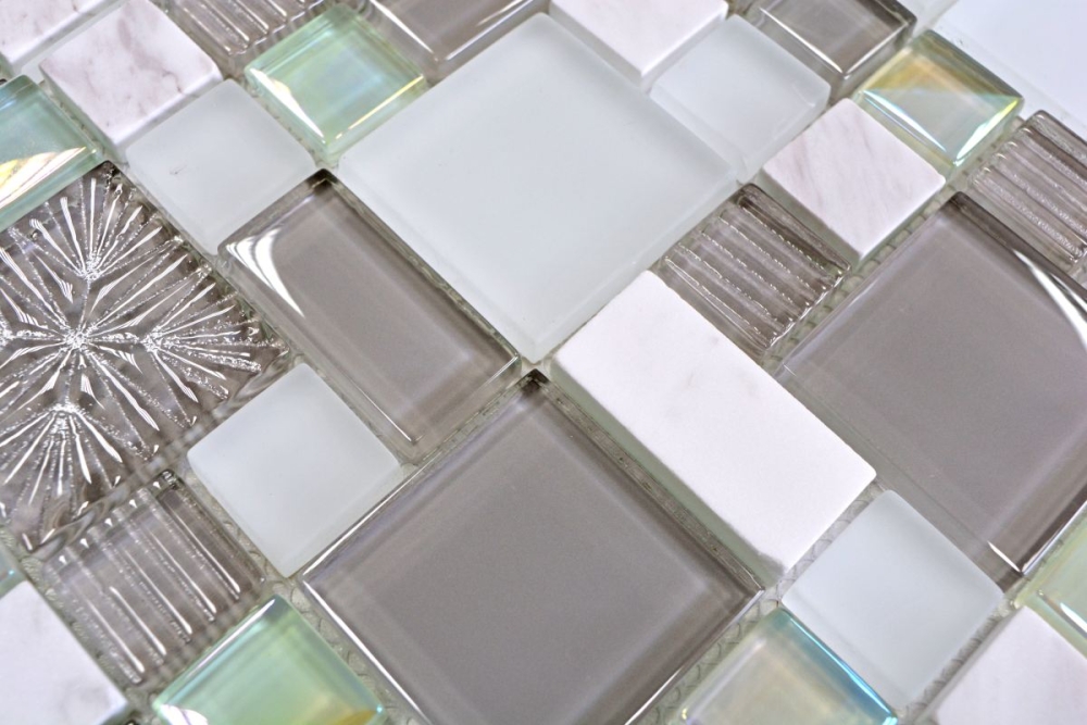 Mosaico combinacion vidrio mosaico piedra mezcla blanco mate gris mezcla translucido combinacion look