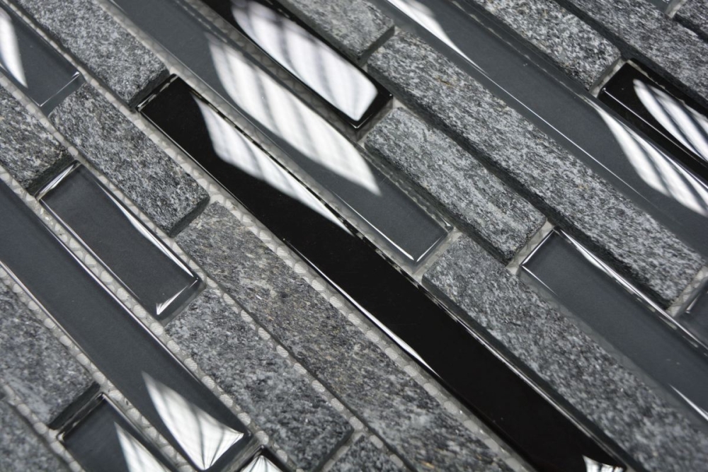Mosaik Verbund Glasmosaik Stein mix grau schwarz Mix Transluzent Mauerverbandoptik glänzend
