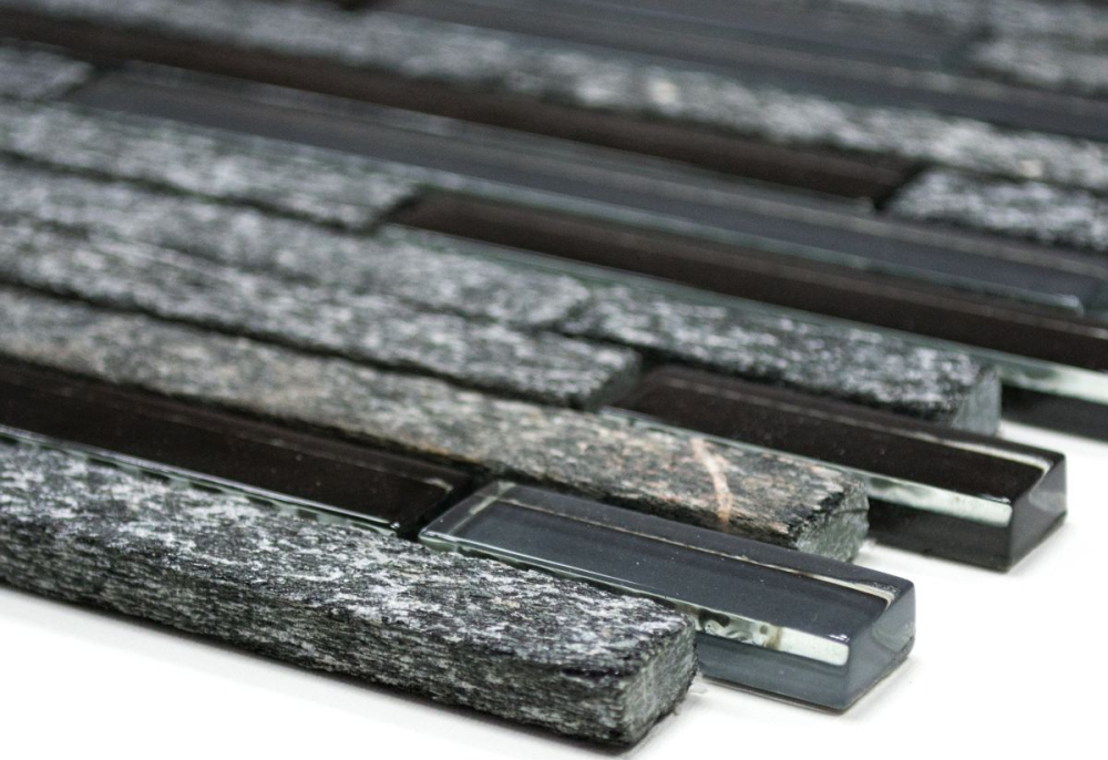 Mosaik Verbund Glasmosaik Stein mix grau schwarz Mix Transluzent Mauerverbandoptik glänzend