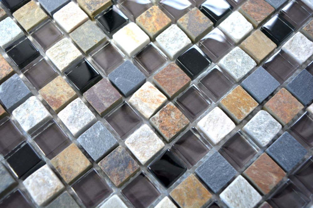 Mosaico cuadrado de vidrio mosaico de piedra mezcla translucido beige marron gris negro brillante