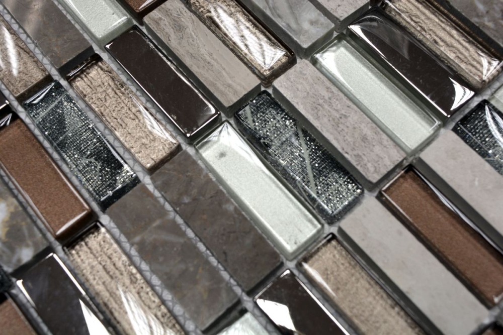 Mosaique rectangle mosaique de verre pierre mix brun clair mix translucide aspect croise argent gris brillant