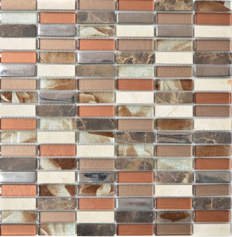Riemchen Rechteck Mosaikfliesen Glasmosaik Stäbchen braun silber beige Naturstein Marmor Fliesenspiegel Wand Bad Küche - 87-SM78