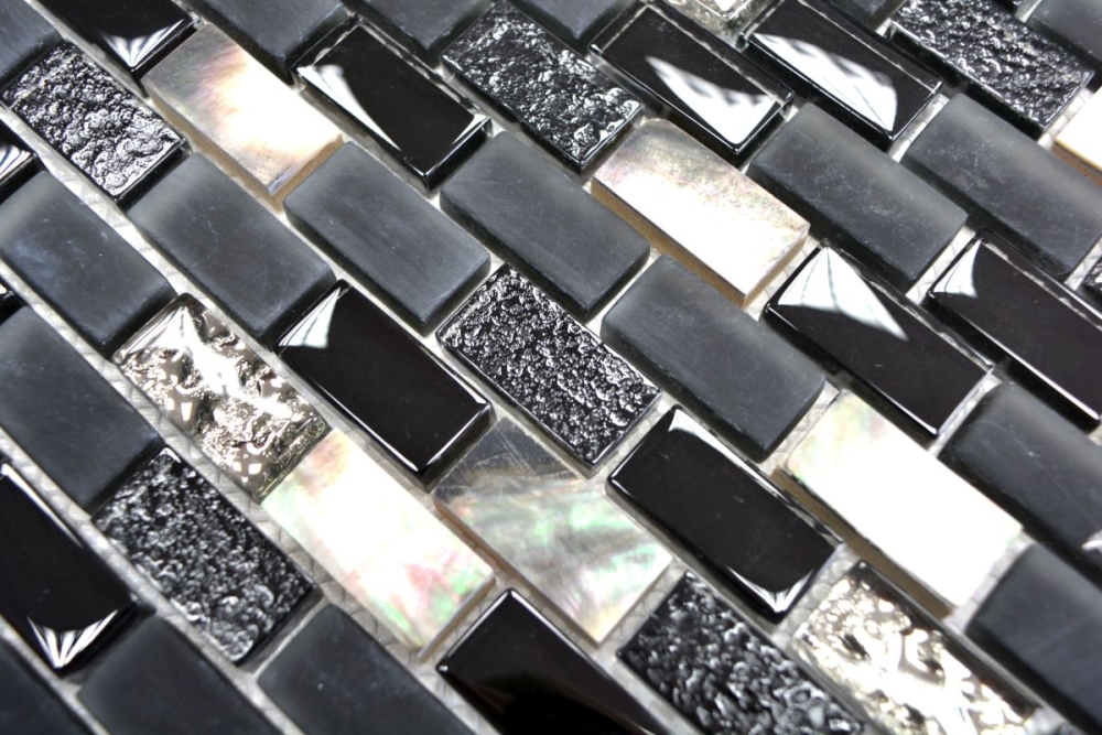 Mosaique aspect maconnerie MIX pierre translucide mix coquillage noir brillant - 10 feuilles de mosaique