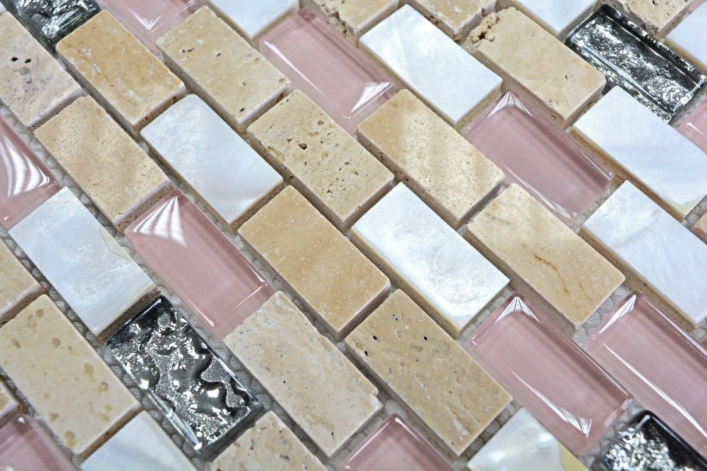 Mosaik Stäbchen Verbund Naturstein Mosaikfliese beige rose perlmutt Brick Glasmosaik Muschel Küchenrückwand Bad WC - 87-B05S