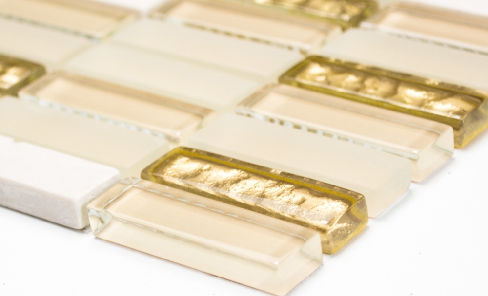 Mosaik Stäbchen Glasmosaik Stein mix weiß matt gold Mix Transluzent Kreuzverbandoptik glänzend
