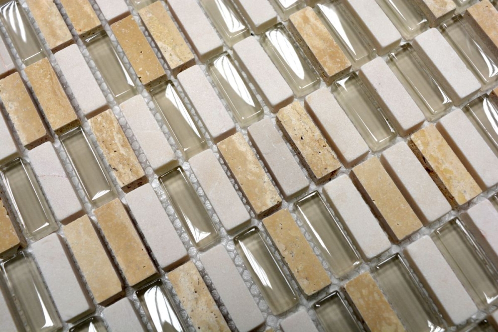 Riemchen Rechteck Mosaikfliesen Glasmosaik Stäbchen mini beige creme goldbeige Naturstein Küchenrückwand Bad WC Wand - 87-1412