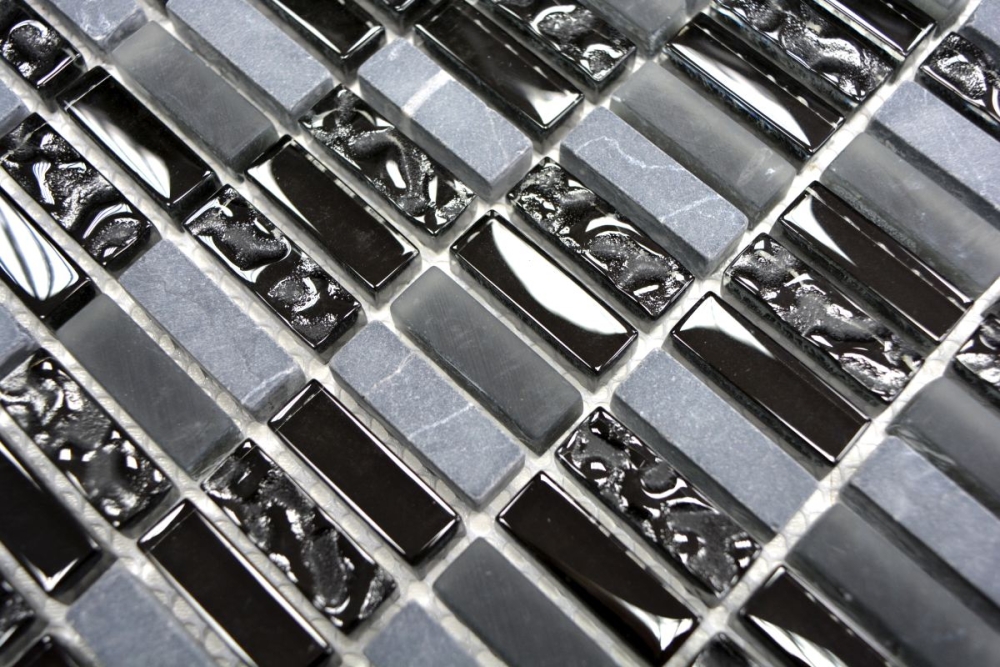 Batonnets de mosaique de verre pierre mix gris mat noir mix translucide aspect croise brillant