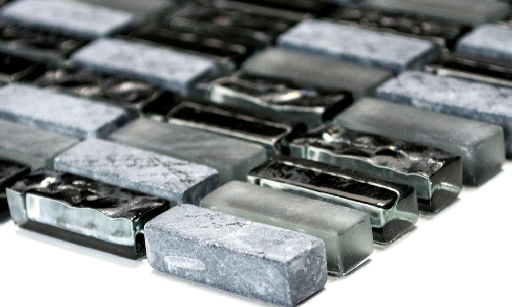 Batonnets de mosaique de verre pierre mix gris mat noir mix translucide aspect croise brillant