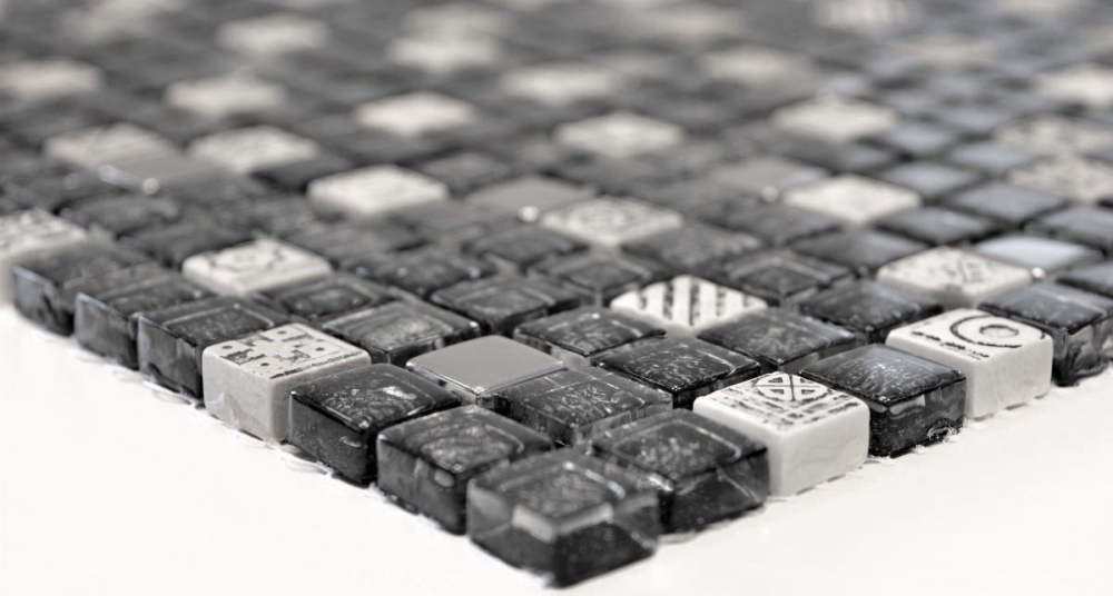 Mosaique carre Mosaique de verre pierre mix blanc argent noir structure mix translucide aspect relief brillant