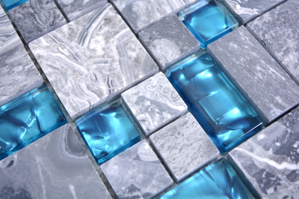 Naturstein Glasmosaik Marmor Mosaikfliesen grau blau anthrazit Küchenrückwand Fliesenspiegel WC - 88-0404