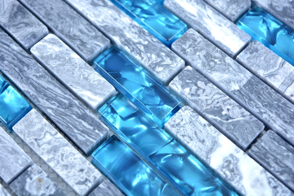 Mosaique composite Mosaique de verre Pierre mix grise avec bleu Mix translucide Aspect de raccord de mur brillant