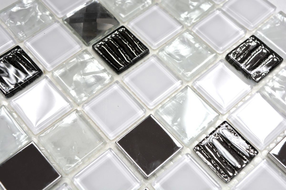 selbstklebende Mosaik Fliese Edelstahl Weiß Silber Klar Glasmosaik Fliesenspiegel Wandfliese - 200-4CM24