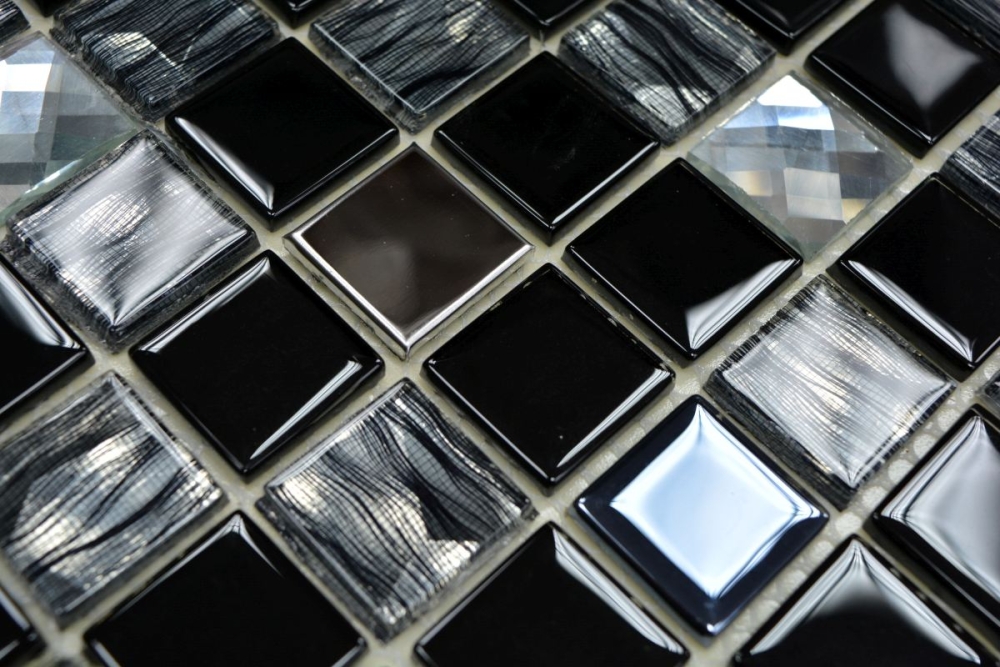 selbstklebende Mosaik Fliese Edelstahl Glasmosaik Schwarz Silber Klar Fliesenspiegel Küchenfliese - 200-4CM26
