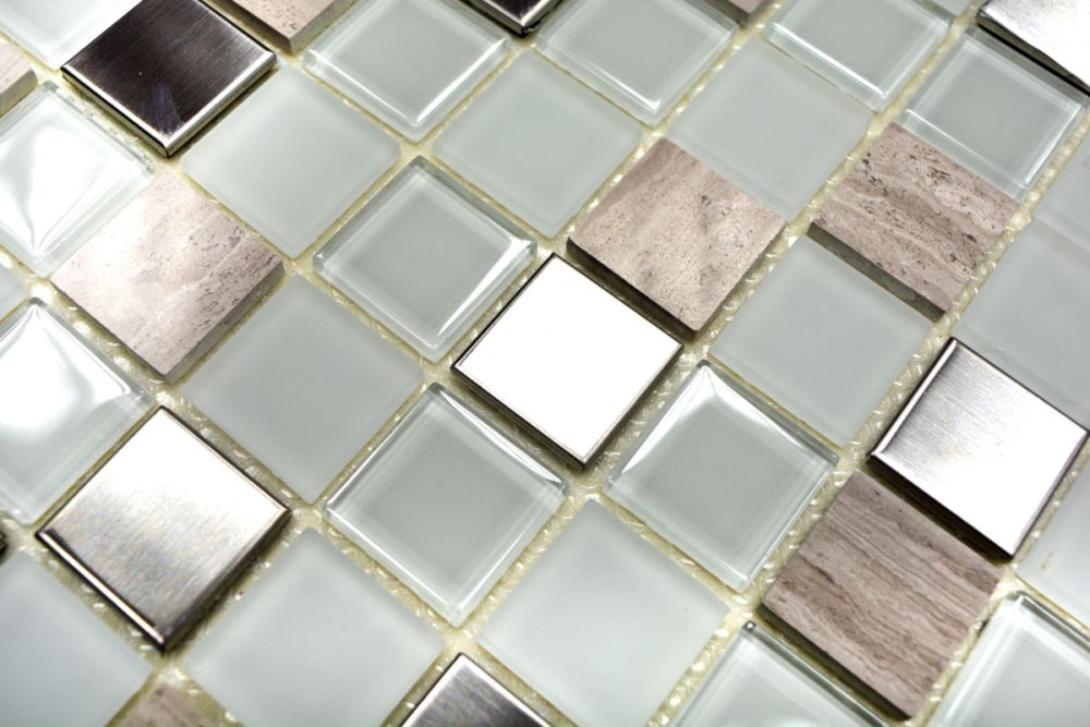 Mosaik Fliese selbstklebend Edelstahl Glasmosaik Marmor Weiß Silber Beige Fliesenspiegel - 200-4CM32