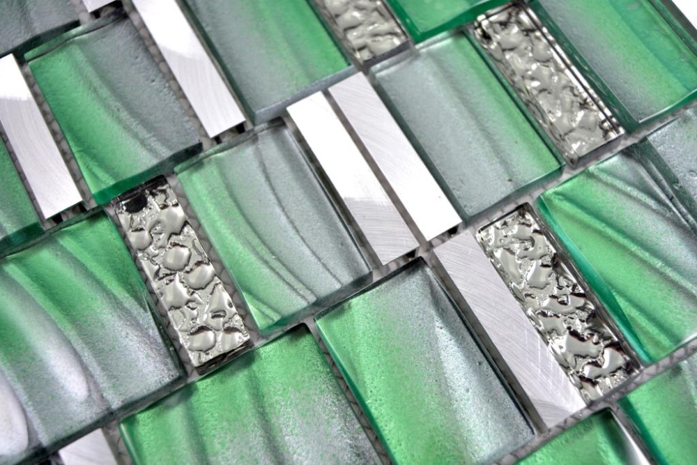 Glasmosaik Mosaikfliese Silber Verkehrsgrün Fliesenspiegel Küche - 88-0005