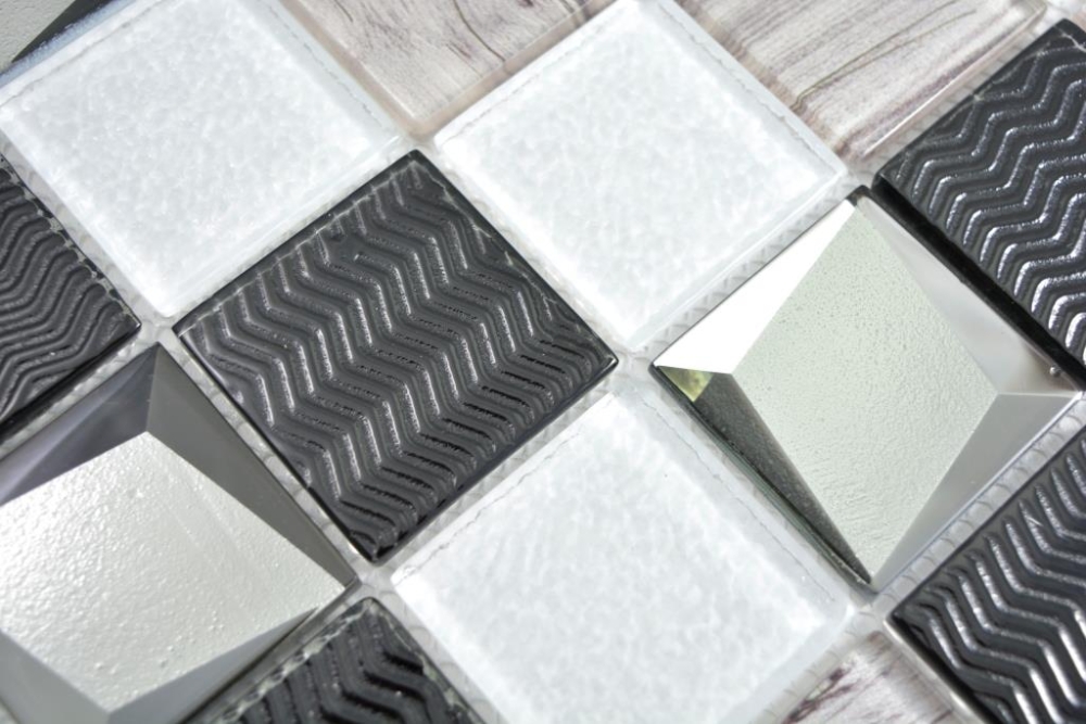 Piastrelle di vetro a mosaico bianco argento nero struttura in legno 3D backsplash piastrelle - 88-1717