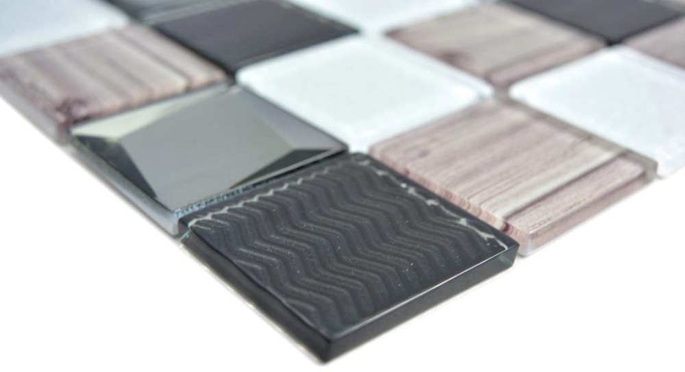 Piastrelle di vetro a mosaico bianco argento nero struttura in legno 3D backsplash piastrelle - 88-1717