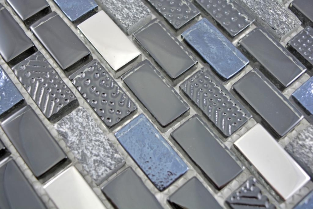 Mosaico tiras compuesto piedra natural vidrio mosaico negro plata antracita estructura pared azulejo backsplash cuarto de bano WC - 87-0003