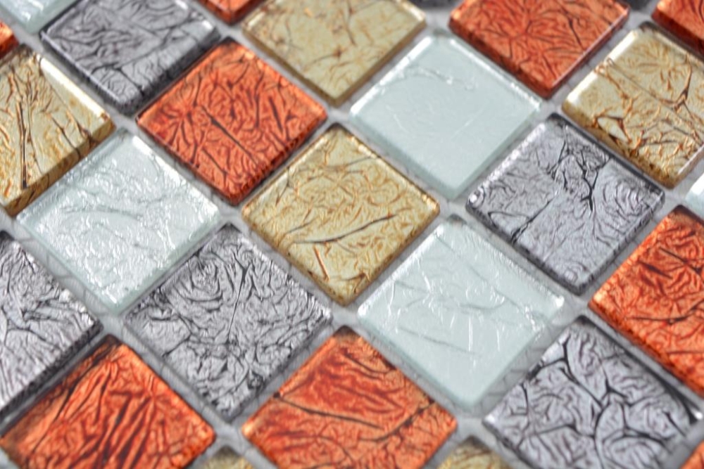 Glasmosaik Mosaikfliese Bordüre Silber Orange Gold Struktur - 63-71739