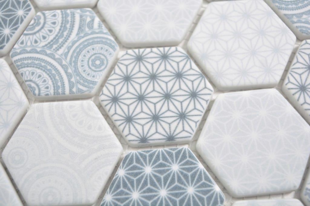 Retro Vintage Mosaik Recycling Glas Hexagon mit Muster Weiß Blau Fliesenspiegel - 16-0414