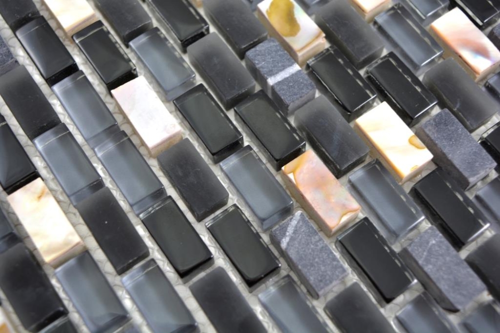 Mosaik Brick Glasmosaik Stein Muschel mix schwarz MIX Transluzent Mauerverbandoptik glänzend