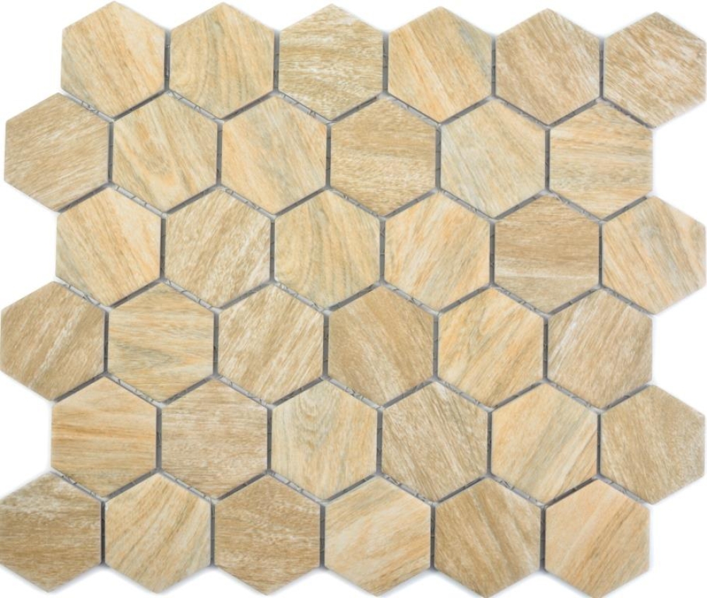 Keramikmosaik Fliese Mosaikmatte Hexagon Beige Holzoptik Fliesenspiegel Mosaikplatte - 11H-0011