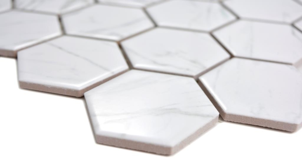 Keramikmosaik Fliese Mosaikmatte Hexagon Weiß Grau Carrara Marmoroptik Fliesenspiegel Mosaikplatte - 11H-0001
