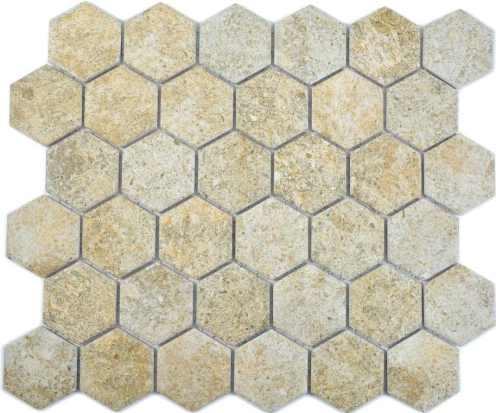 Keramikmosaik Fliese Mosaikmatte Hexagon Granitoptik Beige Gold Fliesenspiegel Mosaikplatte - 11H-1100