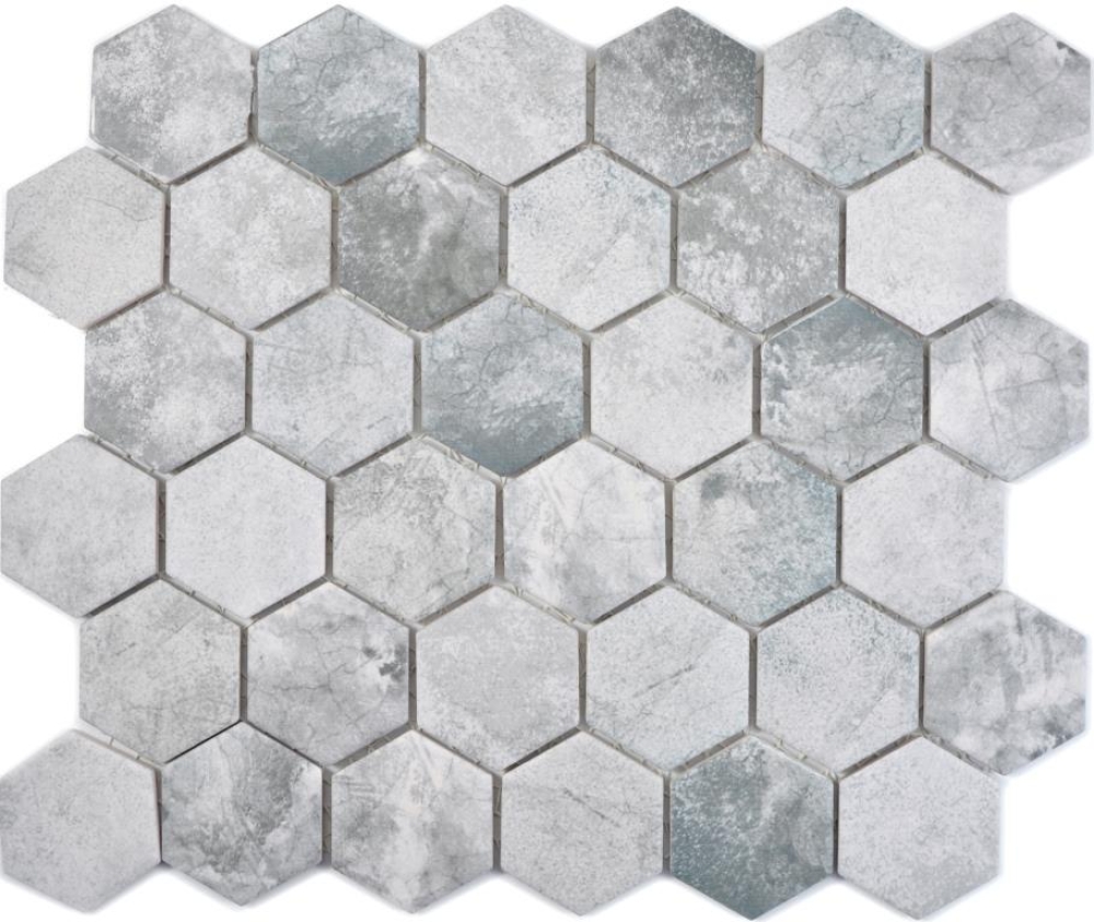 Keramikmosaik Fliese Mosaikmatte Hexagon Zementoptik Grau Hellgrau Fliesenspiegel Mosaikplatte - 11H-0222