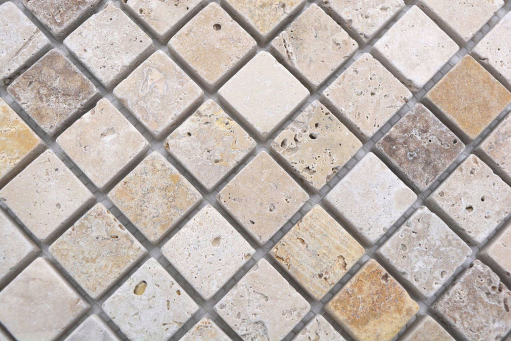 Travertin Mosaik Fliese Natursteinmosaik beige braun getrommelt 43-46380