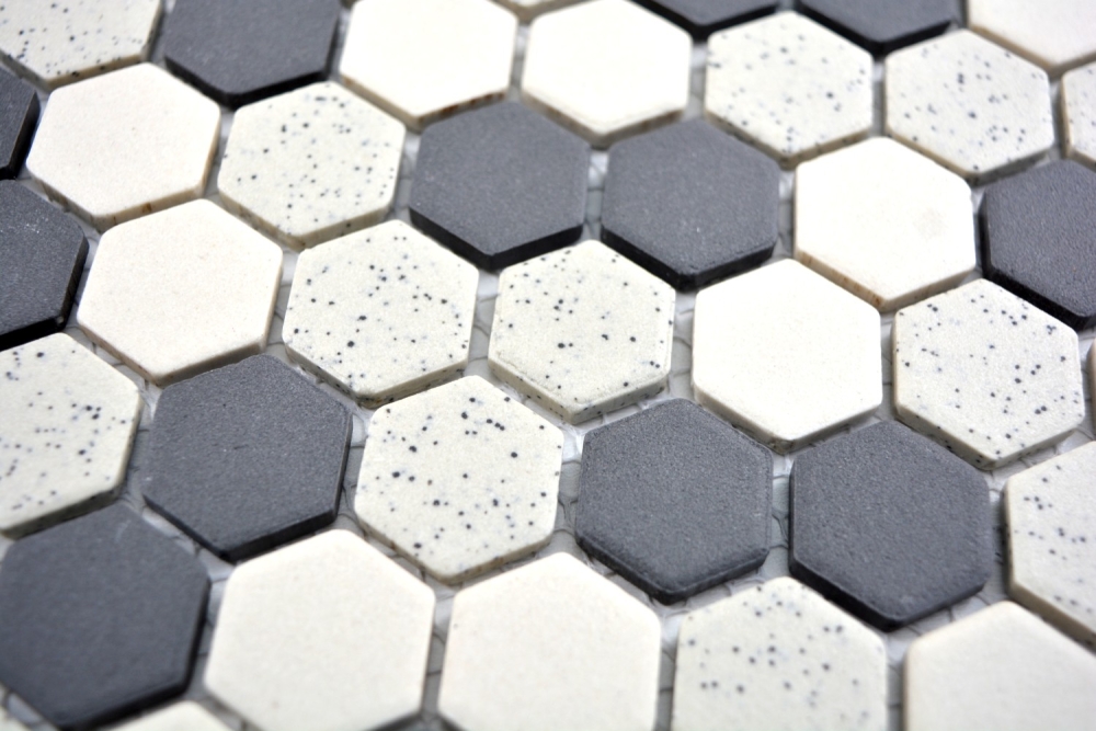 Mosaik Fliese Keramikmosaik beige schwarz Hexagaon unglasiert 11A-0113-R10