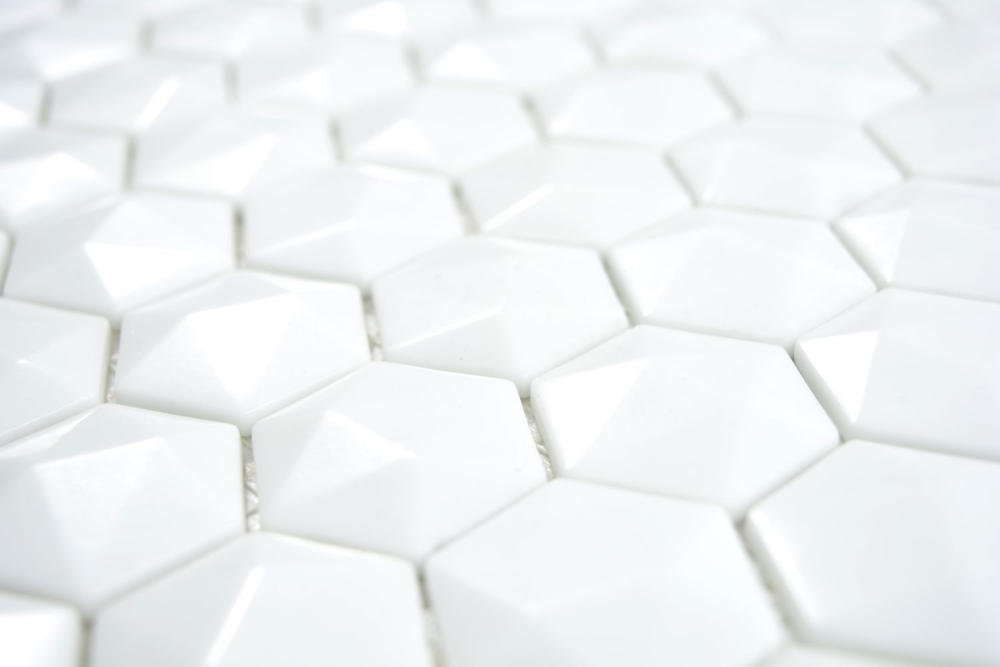 Hexagon ECO Recyclingglasmosaik uni weiß 3D Optik Wand Küche Bad - 3D 11-AR01