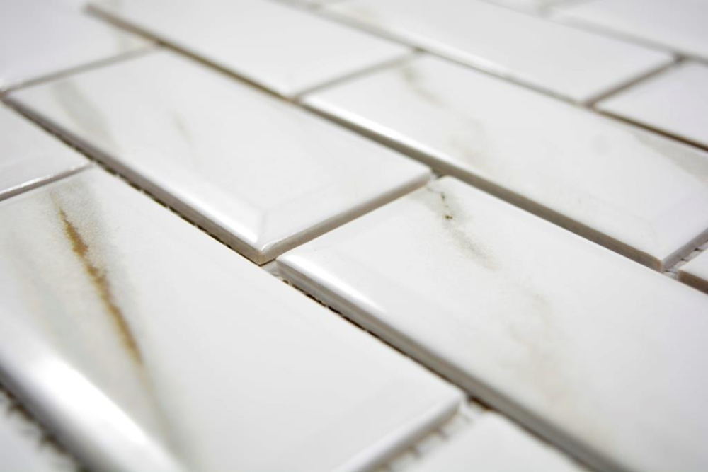 Metro Subway weiss beige Calacatta Optik Facette Mosaik Fliese Küchenrückwand Badfliese 26M-0204