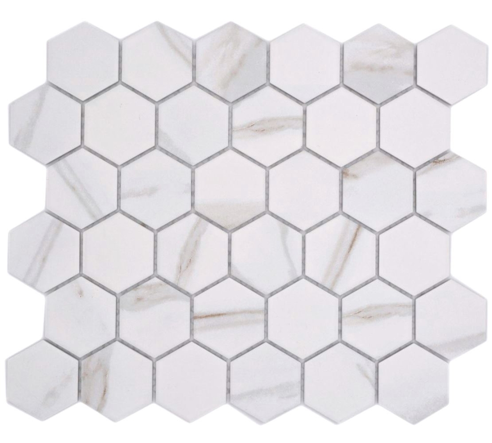 Mosaik Fliese Keramikmosaik Hexagon Calacatta Sechseck weiß graubraun matt