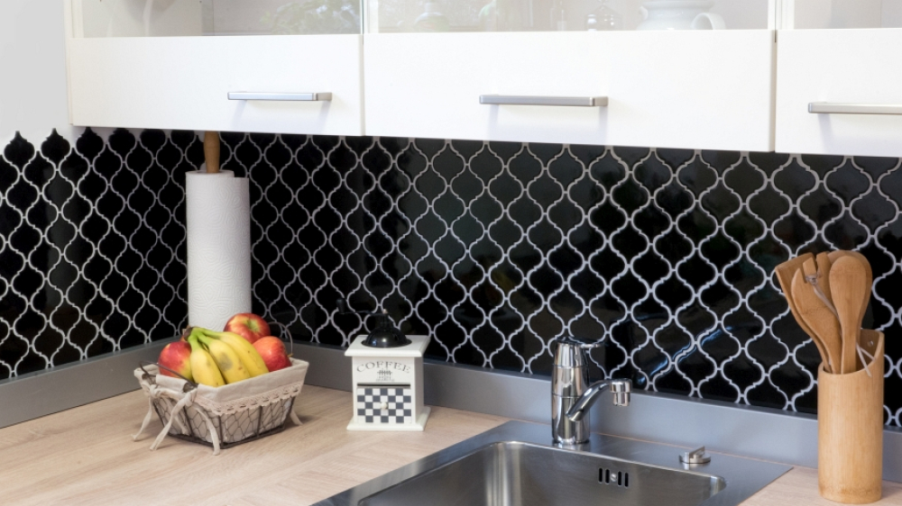 Piastrella a mosaico retrò vintage fiorentina, mosaico in ceramica, nero lucido, 10 tessere