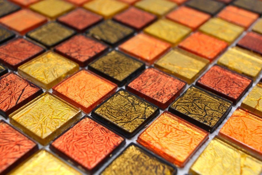 Mosaik Fliese Glasmosaik Gold Orange Rot Struktur Wandverkleidung Küche Bad - 120-07414