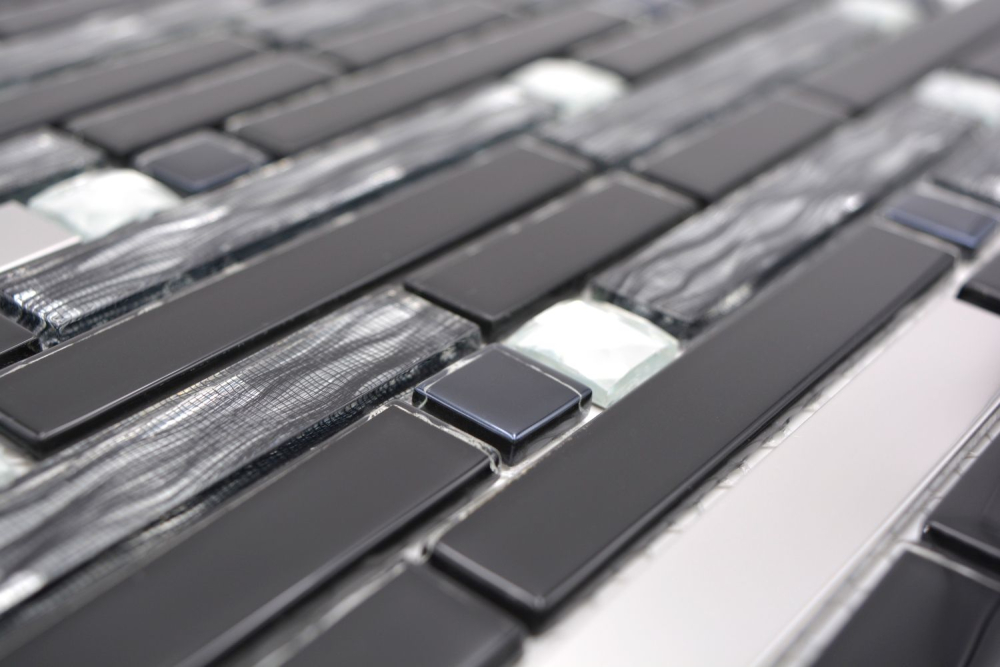 Mosaik Verbund Glasmosaik Stahl mix schwarz Glas Mix Transluzent Edelstahl Verbundoptik glänzend