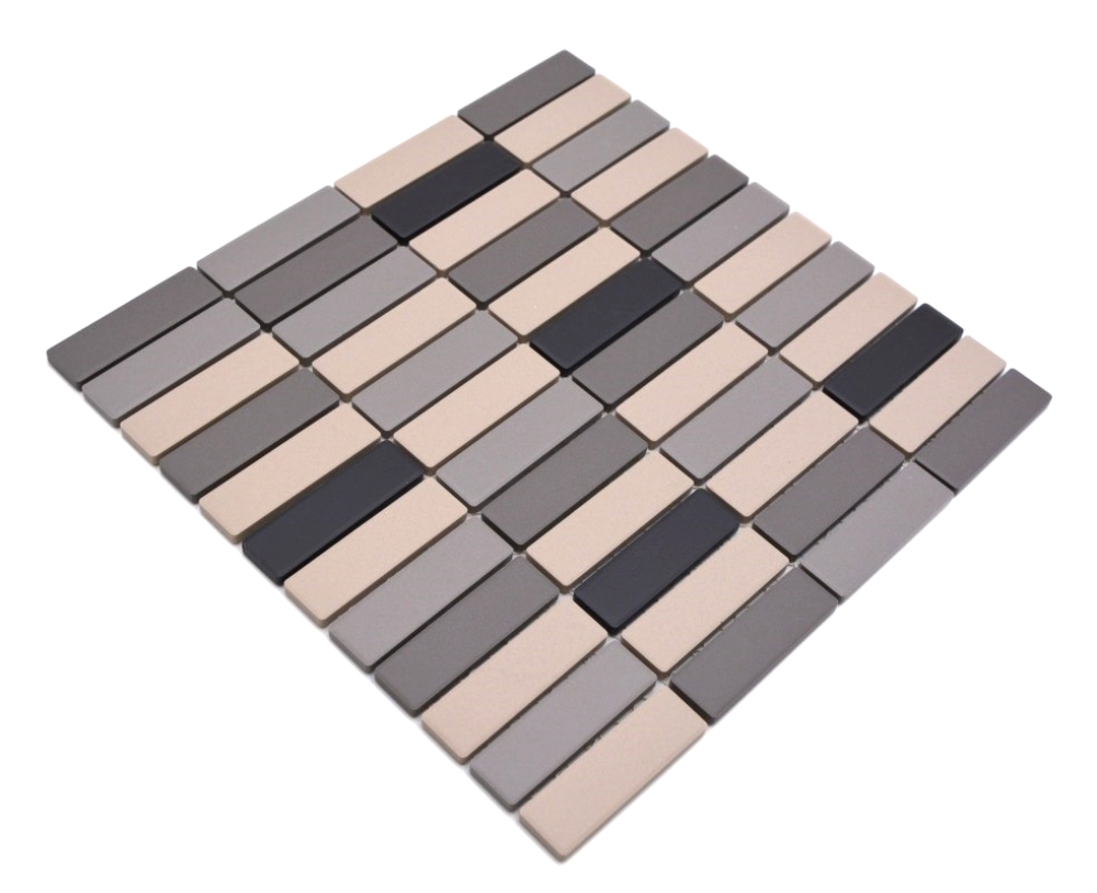 Mosaik Stäbchen mix unglasiert Keramik Kreuzverbandoptik hellbeige grau matt R10