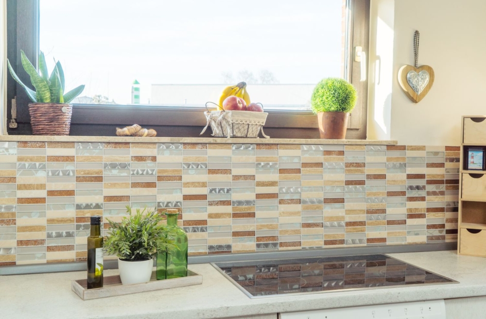 Mosaique rectangle mosaique de verre pierre mix acier beige mix translucide inox aspect croise brillant