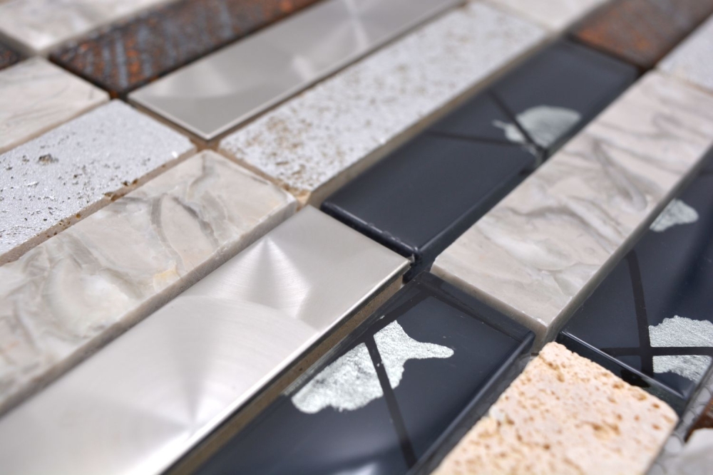 Mosaique Rectangle Mosaique de verre Pierre Acier Resin mix gris Mix Translucide Acier inoxydable Aspect croise brillant