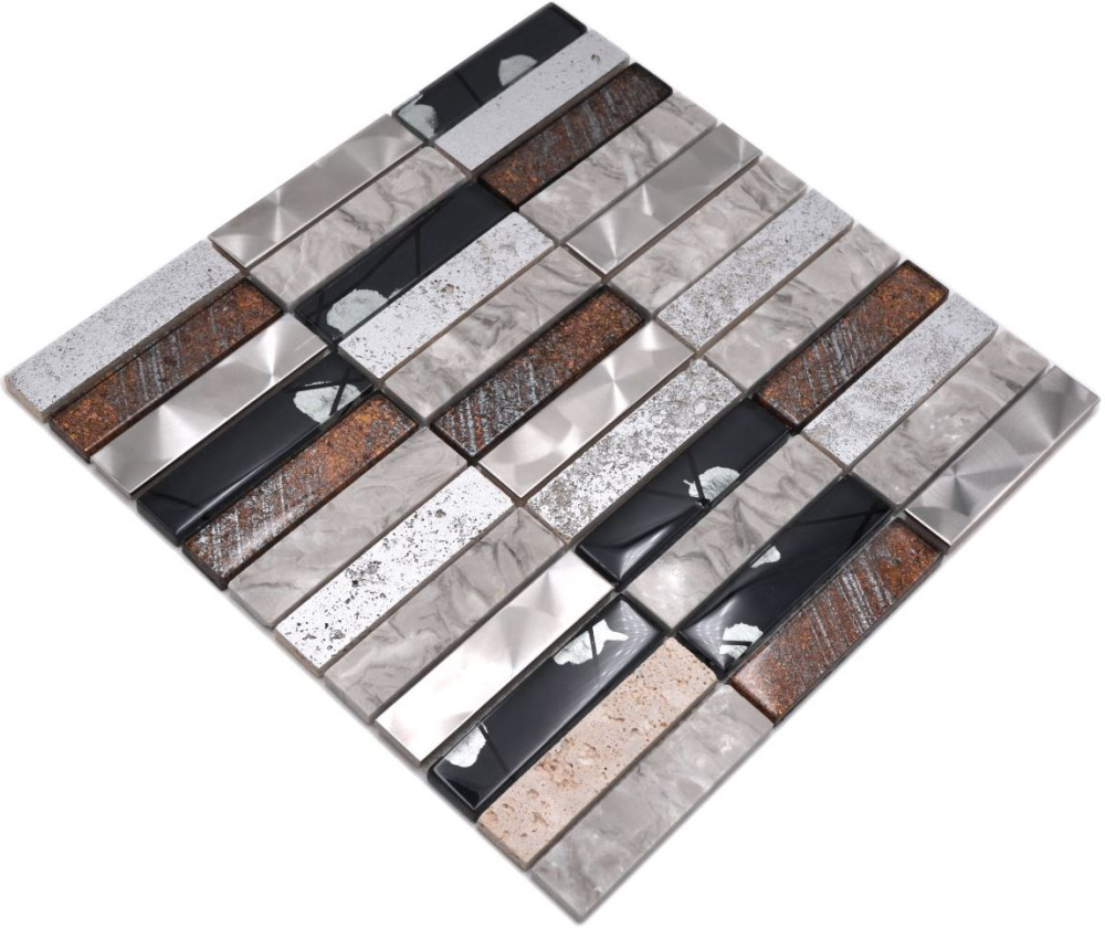 Mosaique Rectangle Mosaique de verre Pierre Acier Resin mix gris Mix Translucide Acier inoxydable Aspect croise brillant