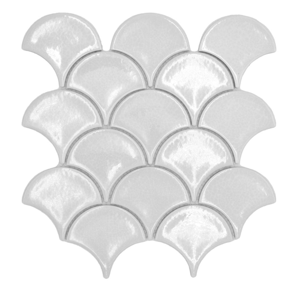 Keramik Mosaikfliese Fächer Fischschuppen uni weiß ice crackled Style