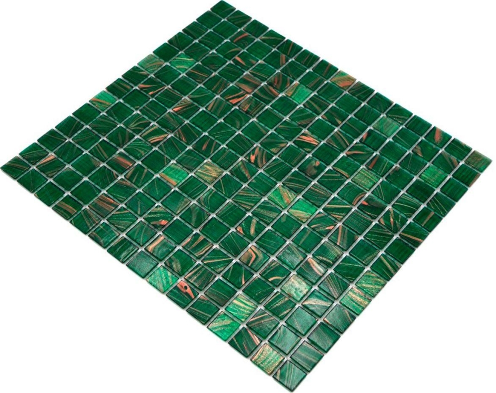 Glass mosaic tile, opal green with copper iridescence