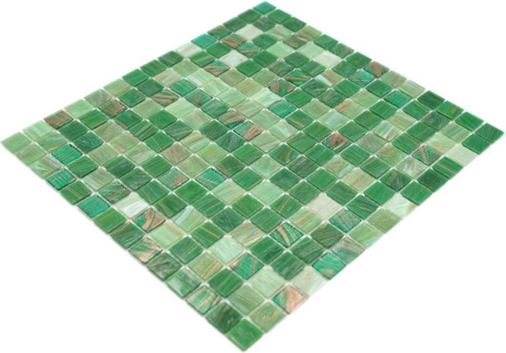Mosaique carre argent dore vert verre brillant