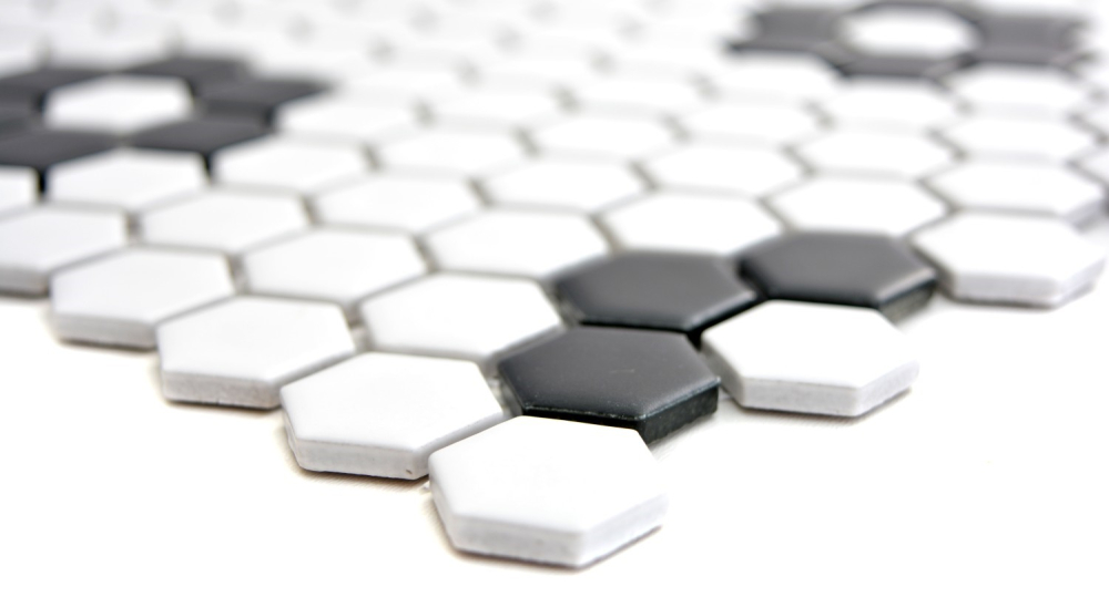 Mosaique Hexagon mix blanc mat NL Ceramique aspect hexagonal avec noir R9